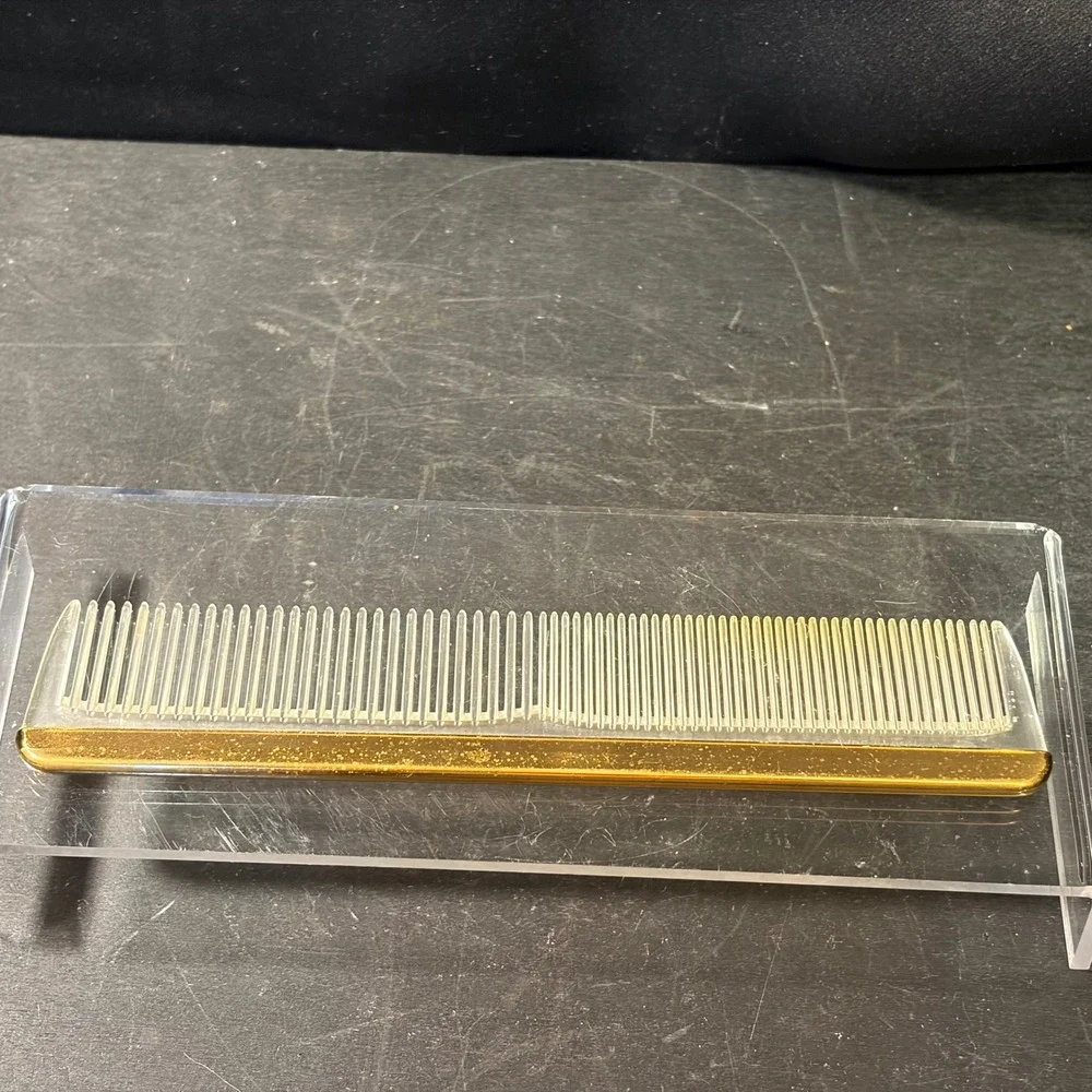 Vintage Lucite Hair Comb Gold Tone Metal Spine Clear Acrylic Made in USA 7 Inch
